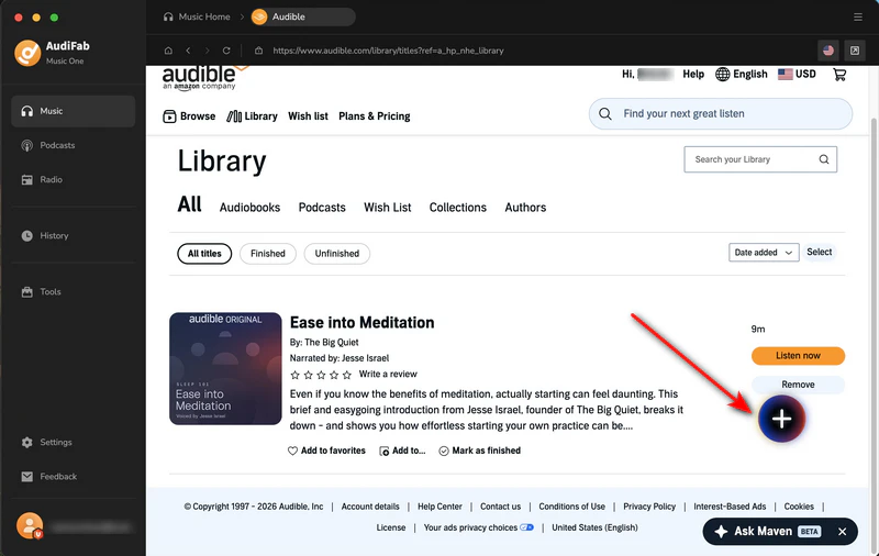 The built-in Audible browser in AudiFab Music One showing the Audible library