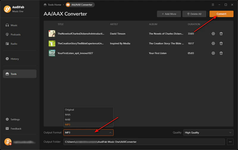 Choose MP3 output format and quality in AudiFab Music One