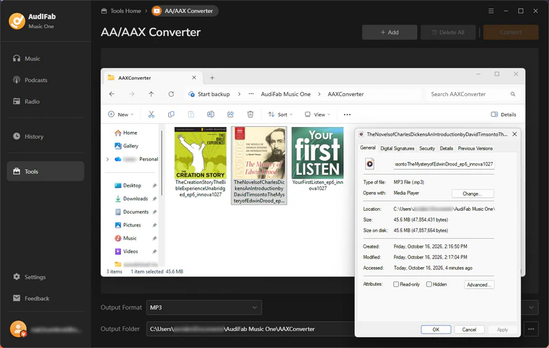 Find converted AAX to MP3 files in the AudiFab output folder