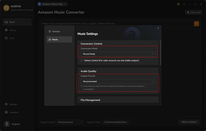 AudiFab Amazon Music Converter - Amazon Ultra HD settings with App mode, Record Mode and Recommend