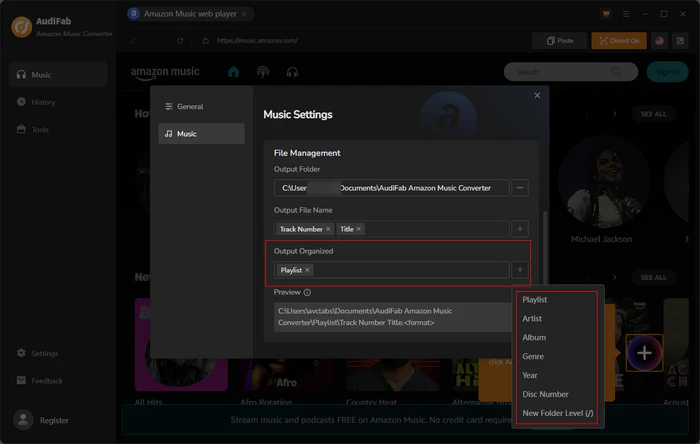 AudiFab Amazon Music Converter Output Organized settings - Playlist, Artist, Album, Genre, Year, Disc Number
