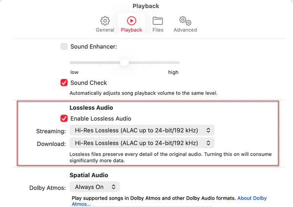 Apple Music Mac lossless audio quality settings
