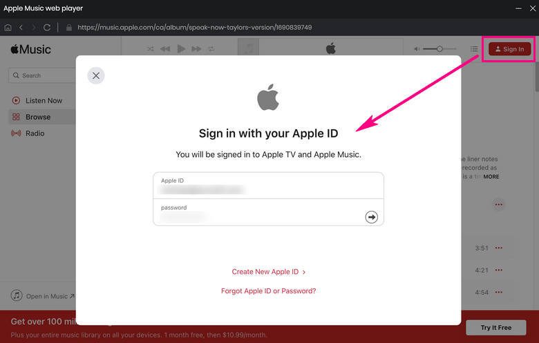 log in apple music account on webplayer