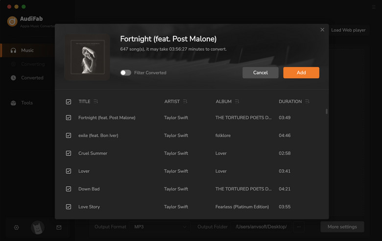 add apple music from web to audifab