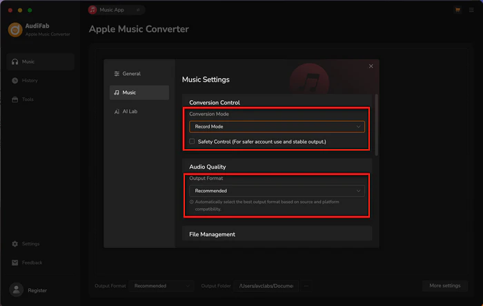 AudiFab recommended output settings for lossless audio