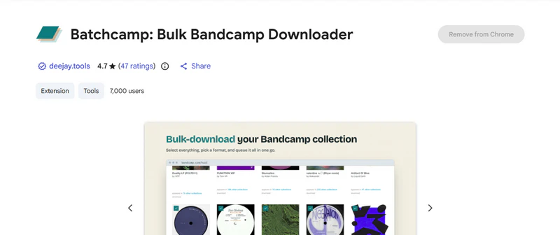 Batchcamp Chrome extension bulk downloading a Bandcamp collection
