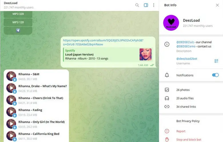 Deezload Telegram Bot free flac downloader app