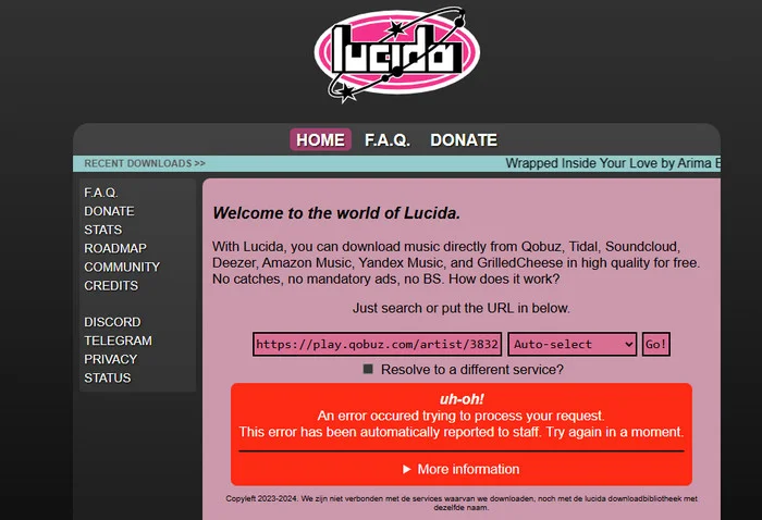Lucida Free Online Qobuz Downloader failed to parse qobuz link