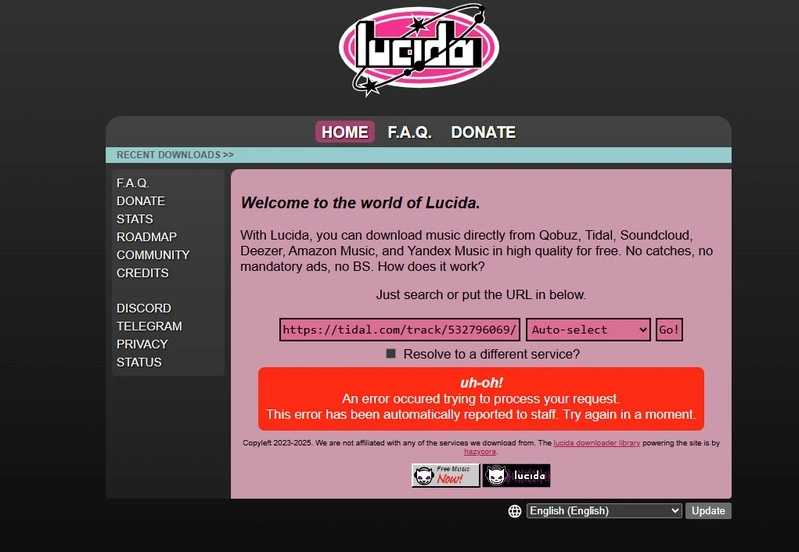 Lucida Failed to fetch Tidal songs