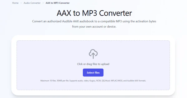 MP3AudioConverter.com online AAX to MP3 converter page