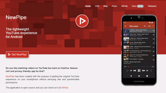 NewPipe open-source Android youtube to mp3 player app interface