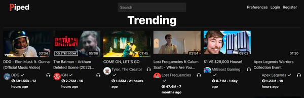 Piped alternative YouTube frontend interface