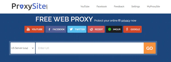ProxySite.com homepage with server selector
