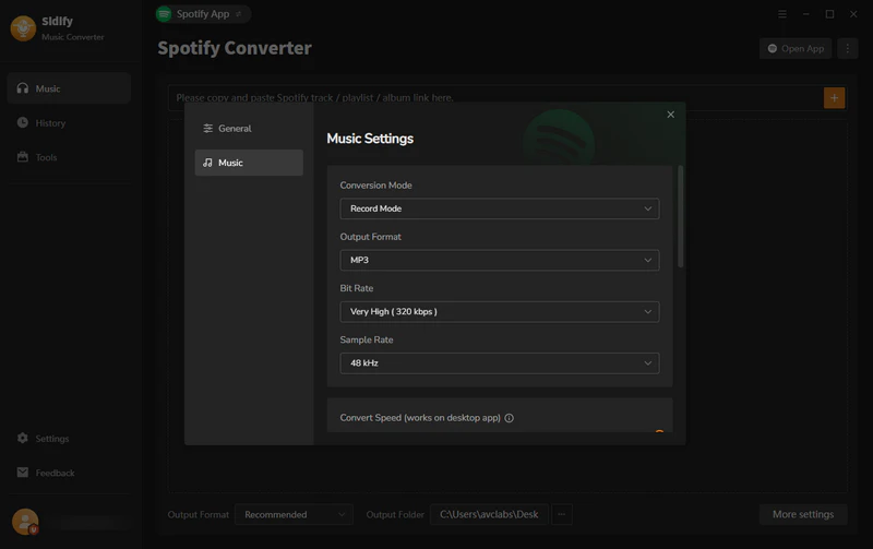 Sidify setting interface