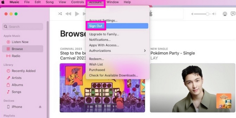 sign out of apple music on mac