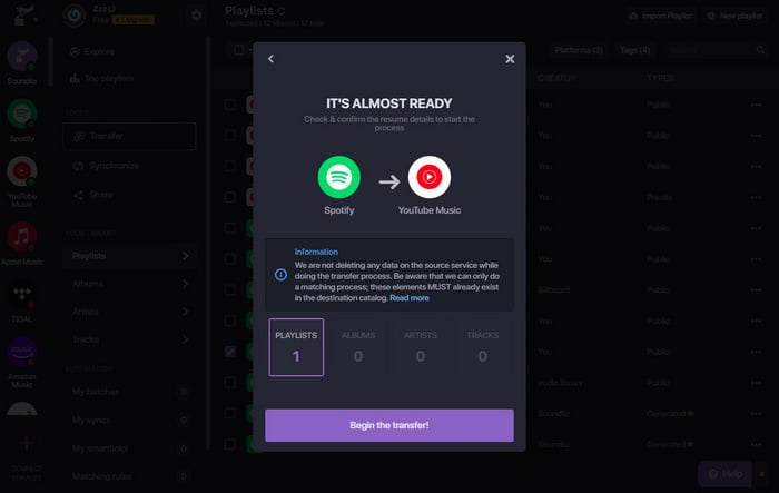 transfer spotify playlists to youtube with soundiiz