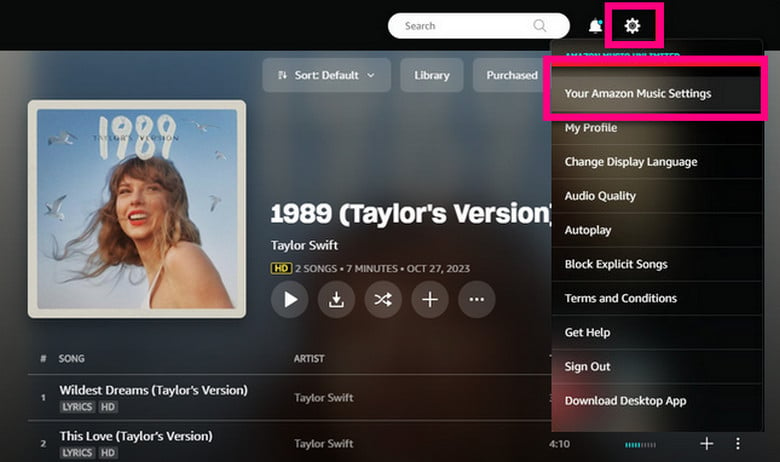 web amazon music setting