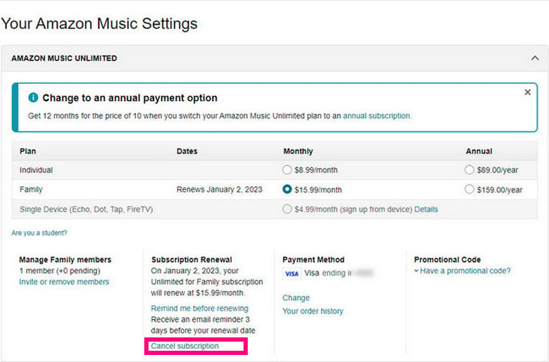 cancel amazon music unlimited on web