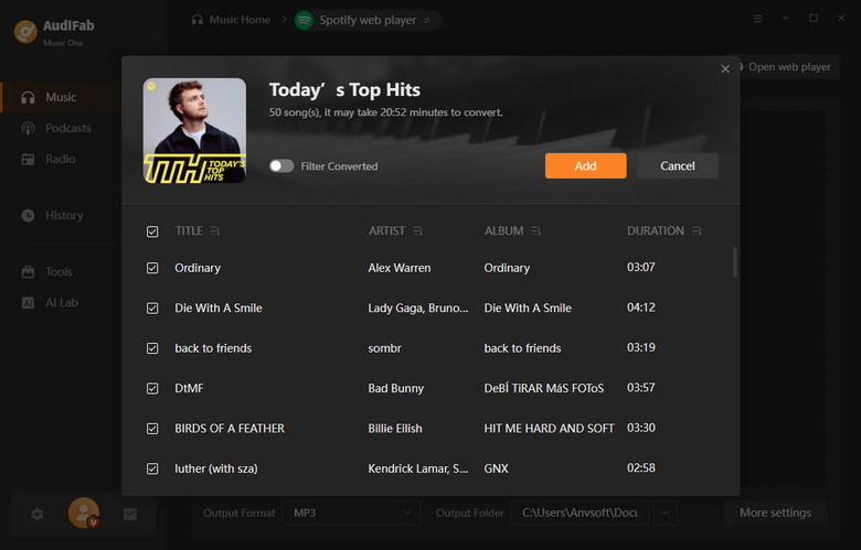 add songs to audifab