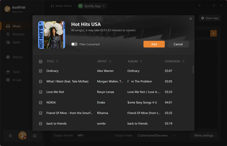 select music on spotify in audifab