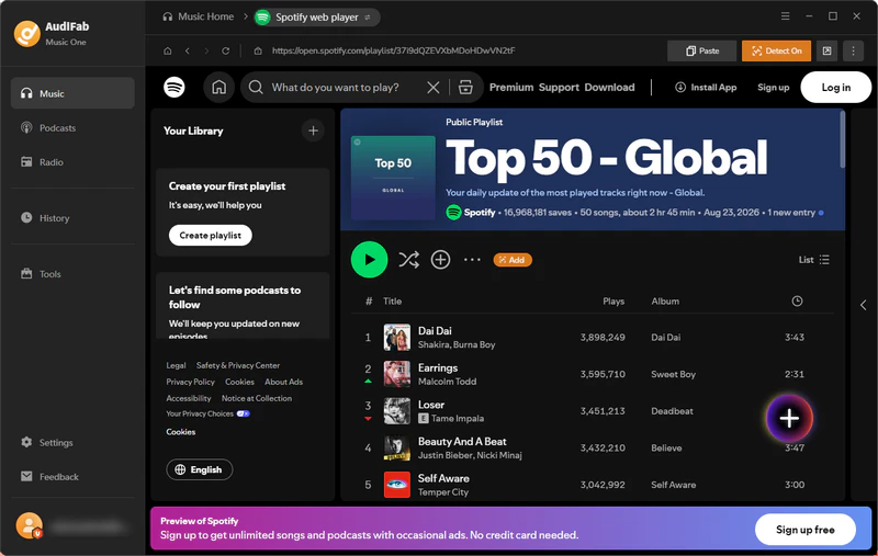 Open Spotify web player inside AudiFab Music One to browse playlists