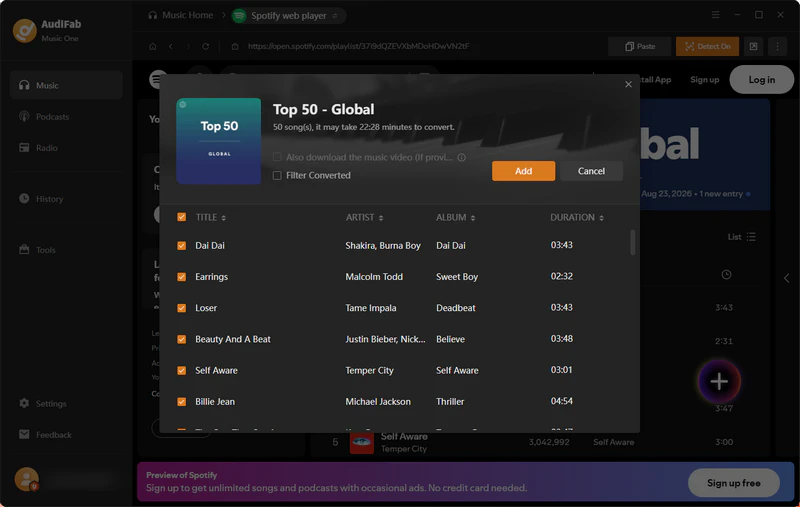 Add Spotify playlist or selected songs to AudiFab Music One conversion queue