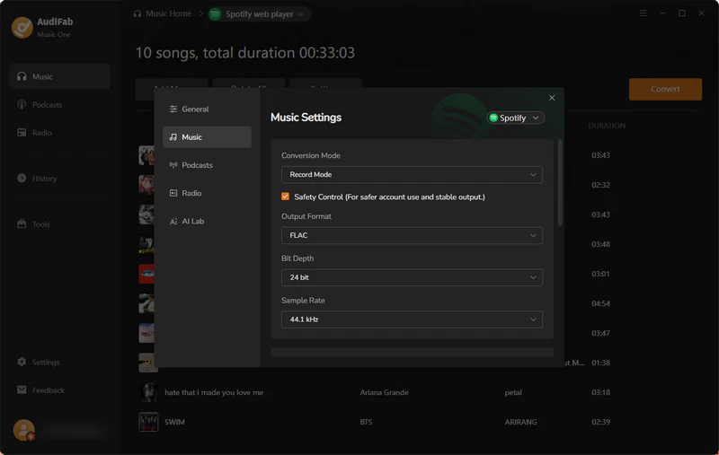 Set output format to FLAC 24-bit 44.1 kHz in AudiFab Music One settings