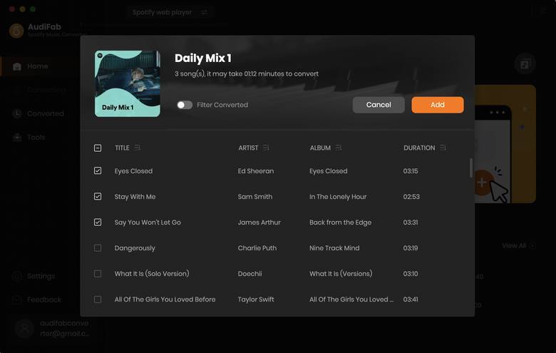 add spotify free music to audifab