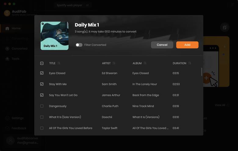 add spotify songs to audifab