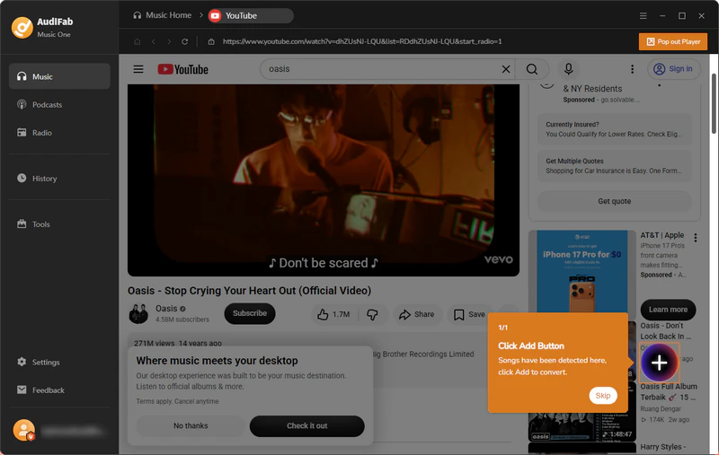 audifab detects songs on youtube and prompts to add