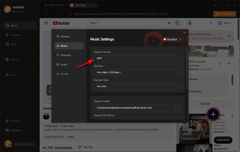 set output format to mp3 in audifab music settings