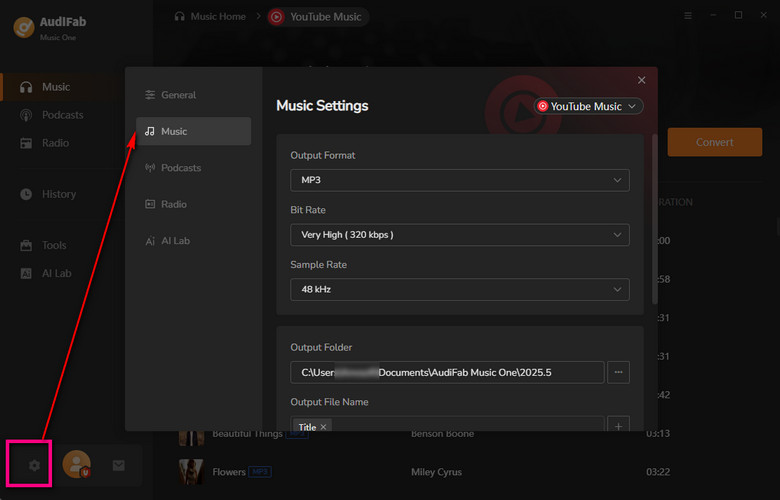 set output format to mp3