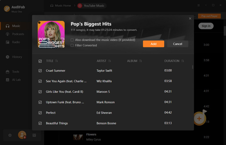 choose youtube music songs to audifab