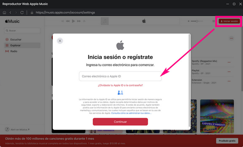 fazer login na conta do Apple Music no webplayer
