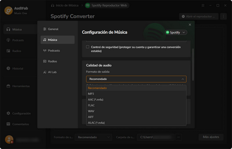 Configurar el formato y la calidad de salida en AudiFab Music One