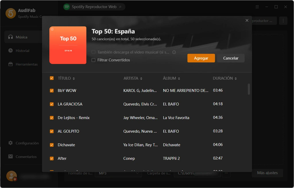 Añadir música de Spotify a AudiFab