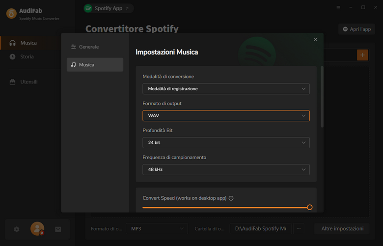 scegli wav come formato di output