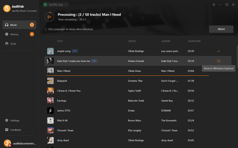 AudiFabでSpotifyプレイリストをMP3に一括変換する画面