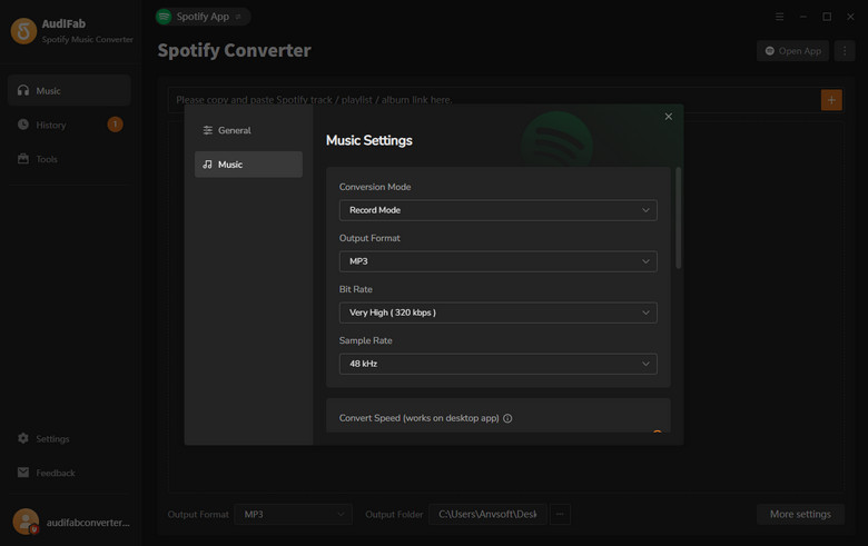 AudiFabでMP3のビットレートと出力設定を変更する画面